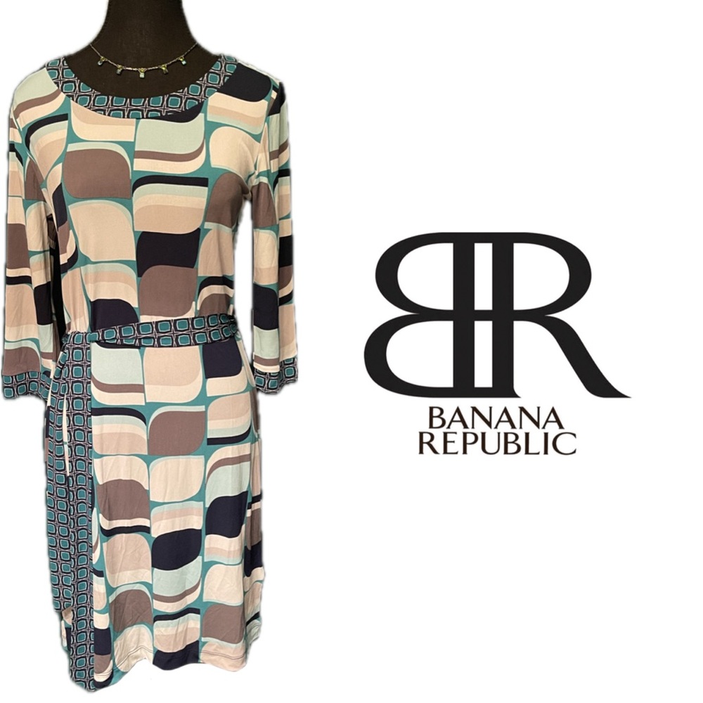NWT Banana Republic Blue Gray White Black Mod Geometric Wrap Stretchy Midi Dress